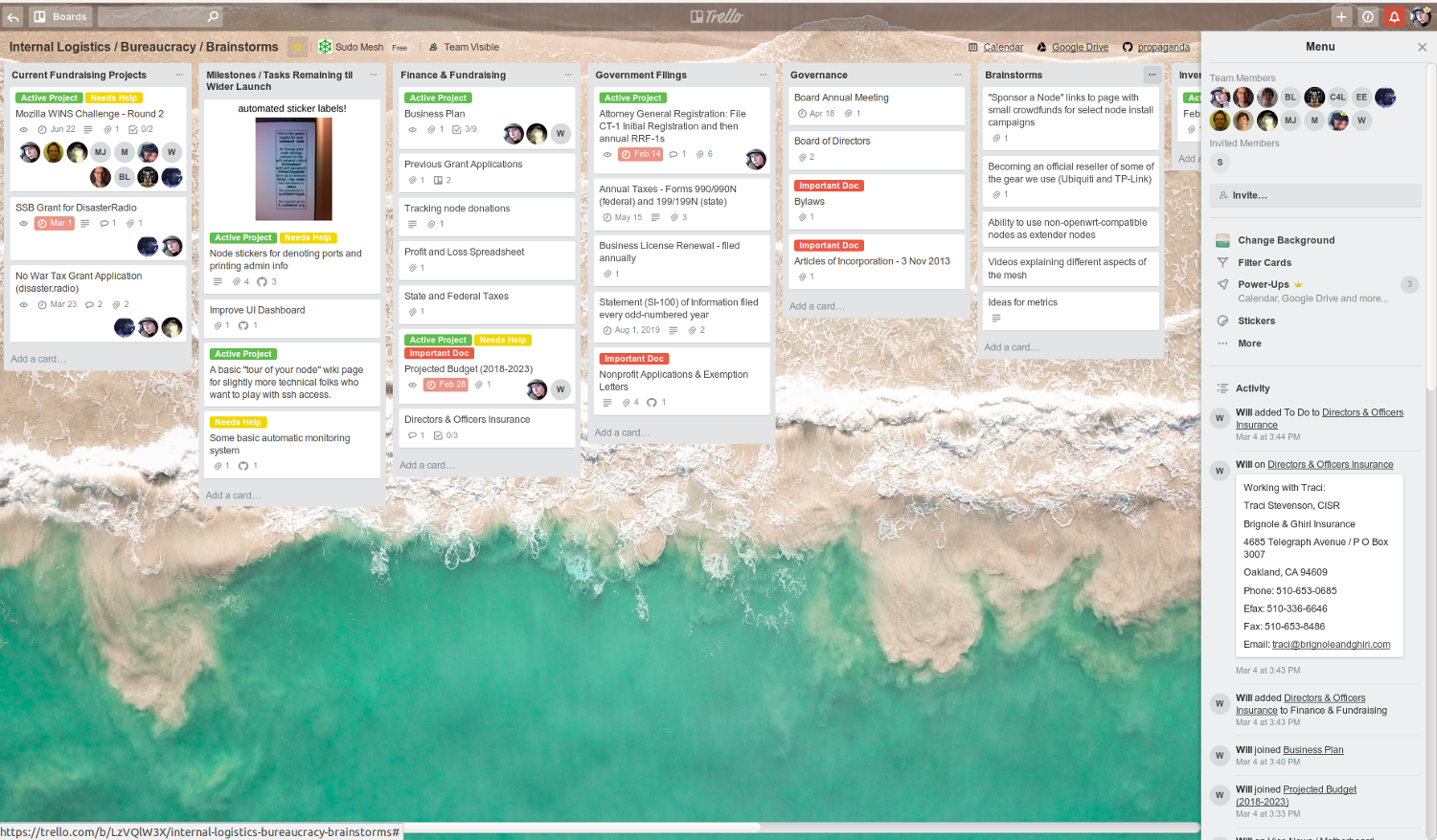 Sudo Mesh Internal Logistics Board: Lists are Current Fundraising Projects, Project Milestones, Finance&Fundraising, Governance, Brainstorms, and Inventory