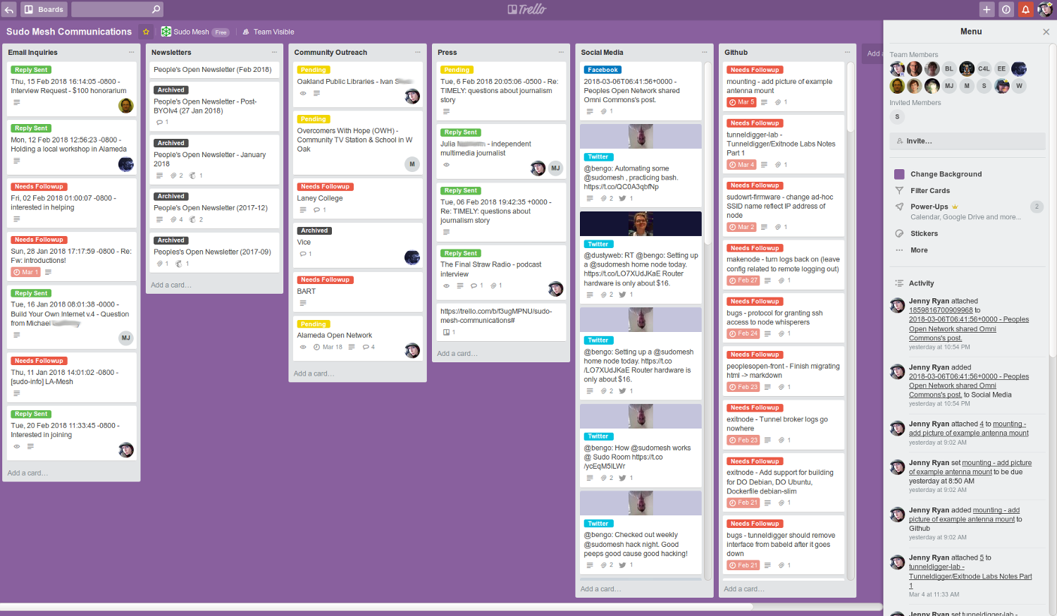 Communications Board: Lists are: Email Inquiries, Newsletters, Community Outreach, Press, Social Media, and Github